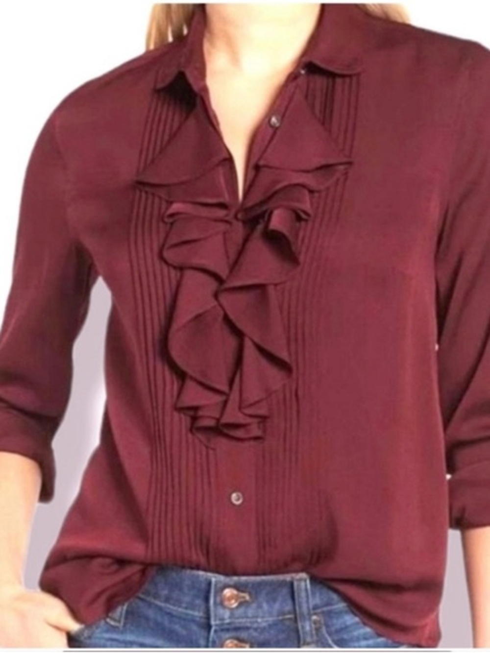 J. Crew Tuxedo Ruffle Top Shirt in Burgundy Silk Georgette 00
